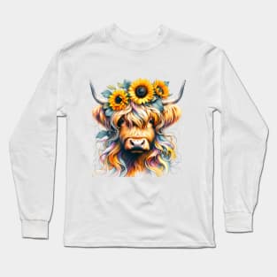 Highland Cow with Crown of Sunflowers Long Sleeve T-Shirt